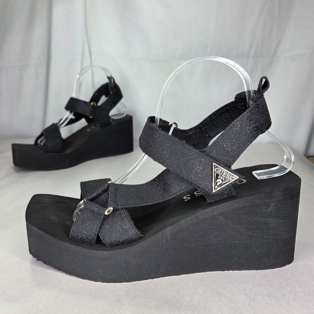Guess Daysa Quattro-G Strappy Eva Wedge Sandals - Black Logo, Size: 10